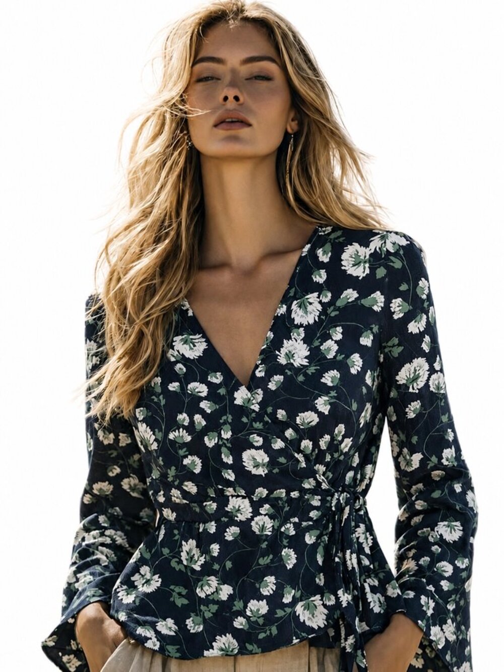 Feminine wrap style blouse, peplum style hem, vintage look